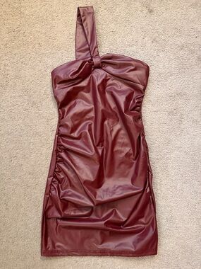 SHEIN One-Shoulder Faux Leather Dress in Burgundy Red